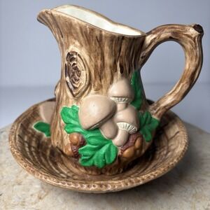 Vintage 70's Mushrooms Ceramic Pitcher With Bowl Washbasin Mushy Forest Retro‎